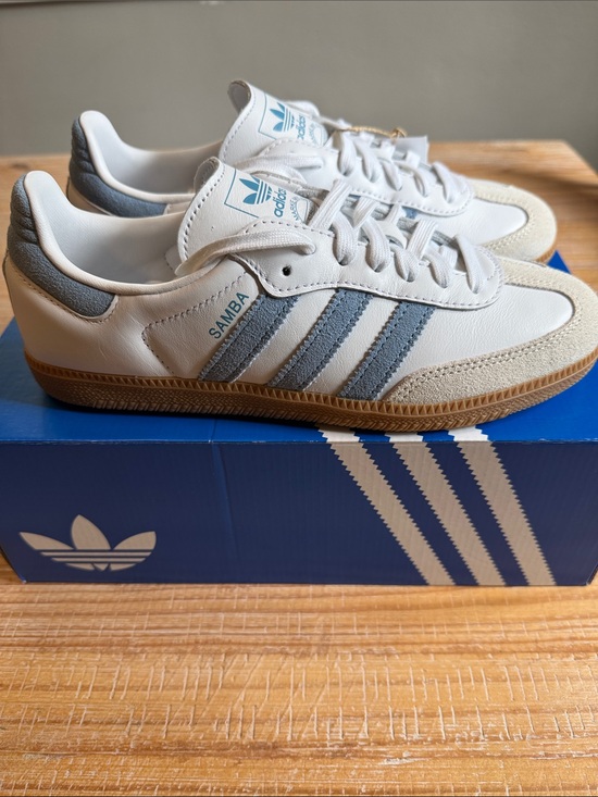 adidas Shoes - Adidas Original Samba White Leather Sneakers with Blue/Gray Stripes and Gum Sole